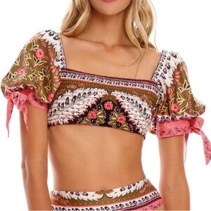 Agua Bendita Antiq Smocked Puff Sleeve Bikini Top